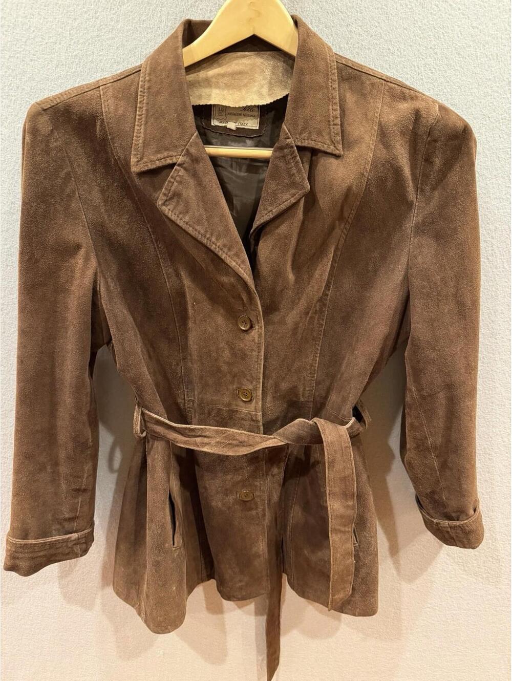 Vintage Vera Pelle Women’s Brown Suede Jacket With Belt Made In Italy Size Large